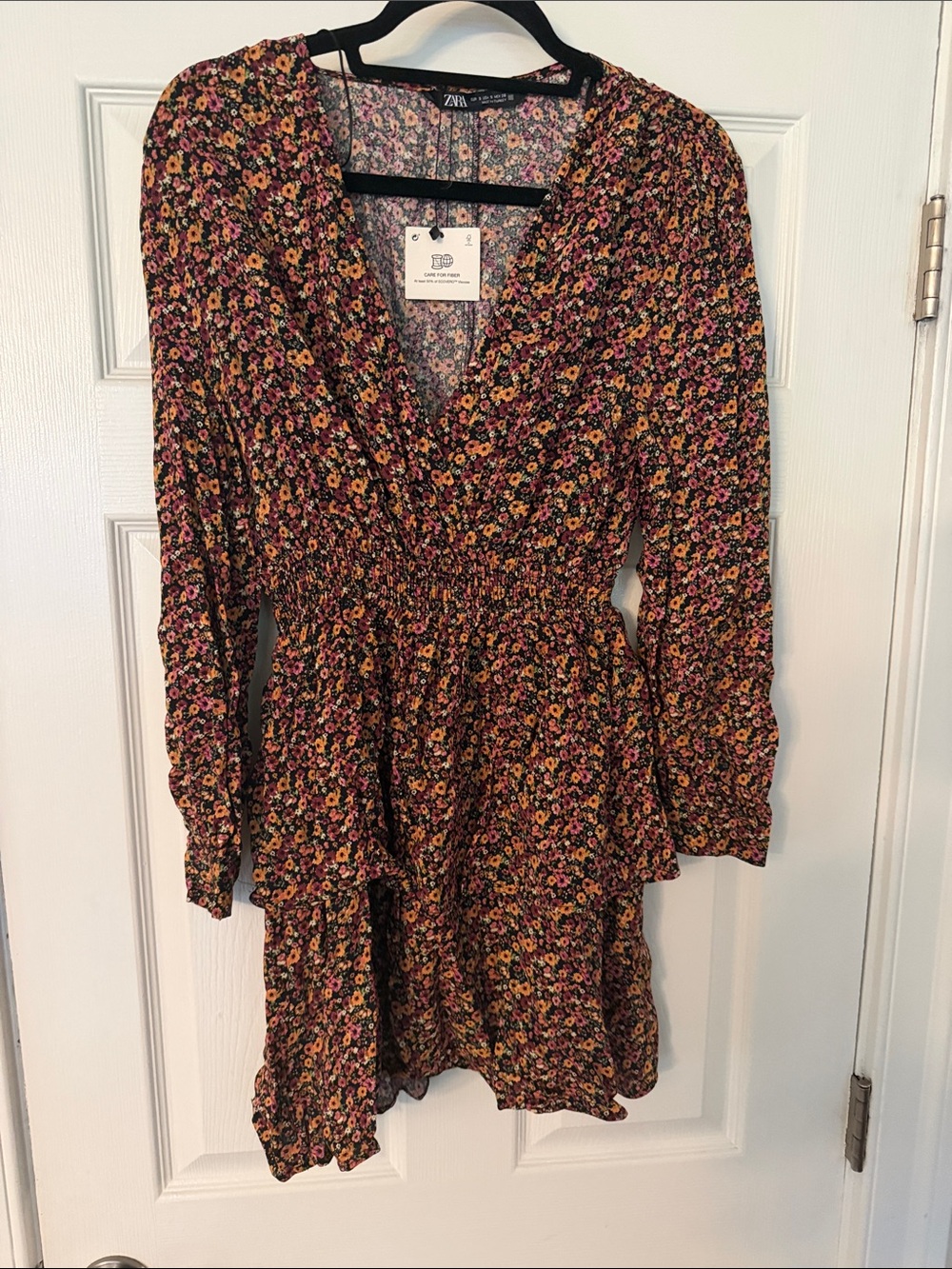 Zara Multicolor Floral V-Neck Smocked Waist Long Sleeve Dress